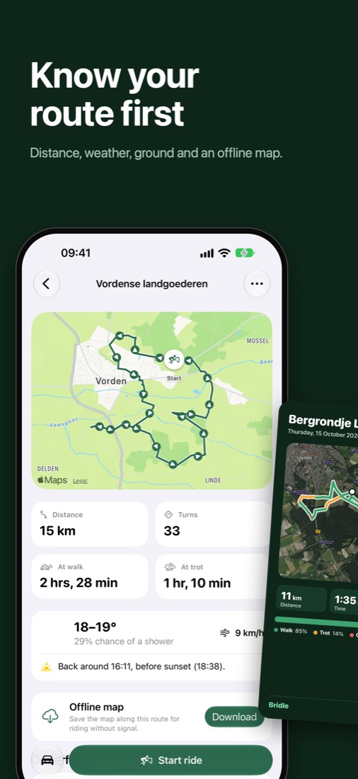 Route details with distance, weather and ground